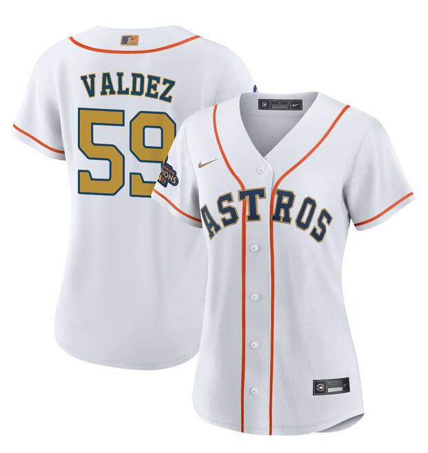 Women's Houston Astros #59 Framber Valdez White/Gold Stitched Baseball Jersey(Run Small)